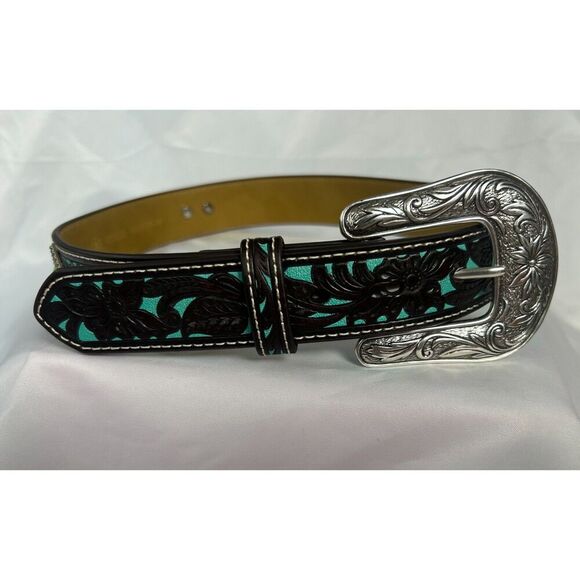 Ariat Accessories - Women's Children's Ariat Brown & Turquoise with Floral Overlay Western Belt 25